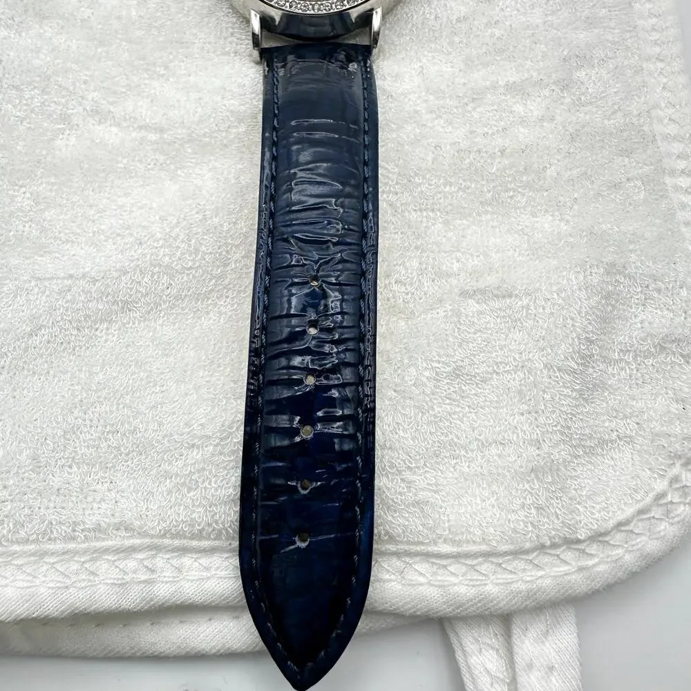 Chico's Quartz Watch Blue Leather Strap Rhinestone Bezel Roman Dial